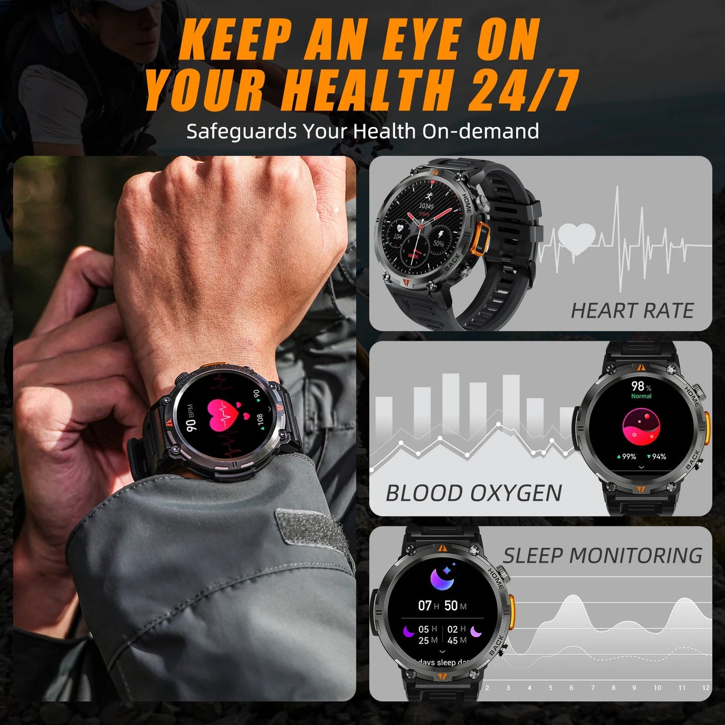 EIGIIS KE3 Smart Military Watch 3ATM Waterproof Original Design HD Display 24/7 Health Monitoring For Men
