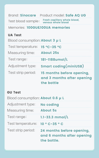 Sinocare Safe AQ UG mg/dL Blood Glucose & Uric Acid Meter